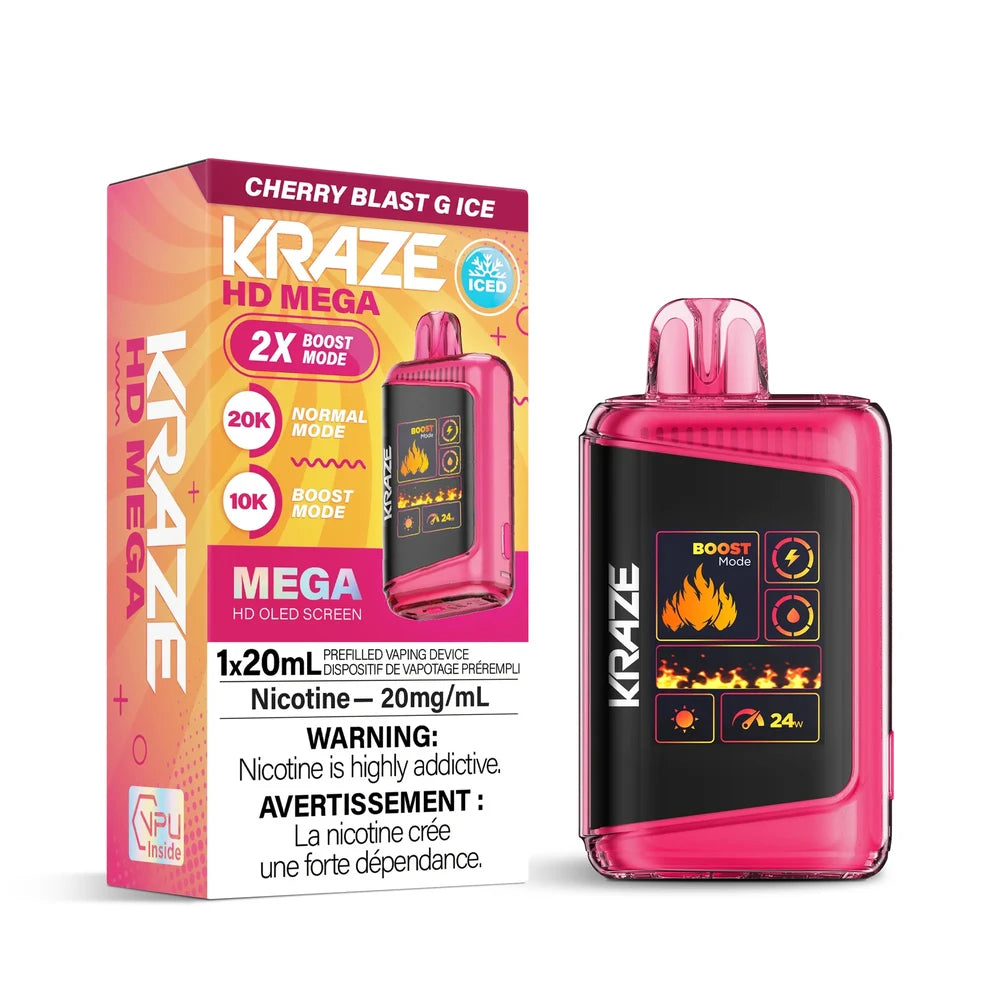 Kraze HD Mega 20k Cherry Blast G Ice disposable vape featuring a pink translucent body with a large OLED screen displaying Boost Mode and 24W, shown next to its matching pink and orange retail packaging.