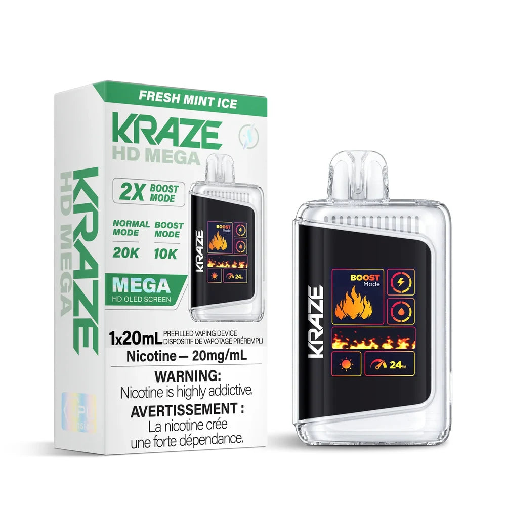 Kraze HD Mega 20k Fresh Mint Ice disposable vape featuring a clear outer shell and a large digital screen displaying fire graphics and 24W power, positioned next to its white and green retail packaging.