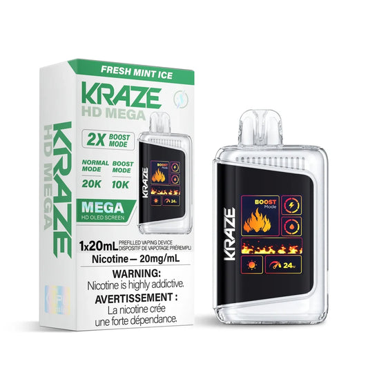 Kraze HD Mega 20k Fresh Mint Ice disposable vape featuring a clear outer shell and a large digital screen displaying fire graphics and 24W power, positioned next to its white and green retail packaging.