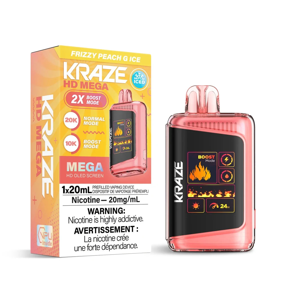 Kraze HD Mega 20k Frizzy Peach G Ice disposable vape device and its yellow and orange packaging featuring an OLED screen with fire graphics and 20mg/mL nicotine warning labels.