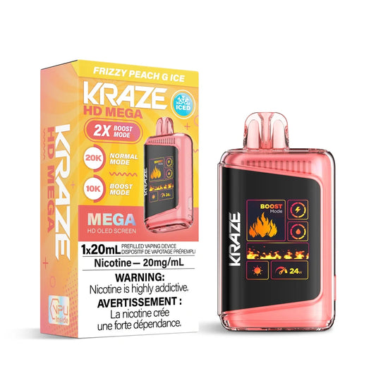 Kraze HD Mega 20k Frizzy Peach G Ice disposable vape device and its yellow and orange packaging featuring an OLED screen with fire graphics and 20mg/mL nicotine warning labels.