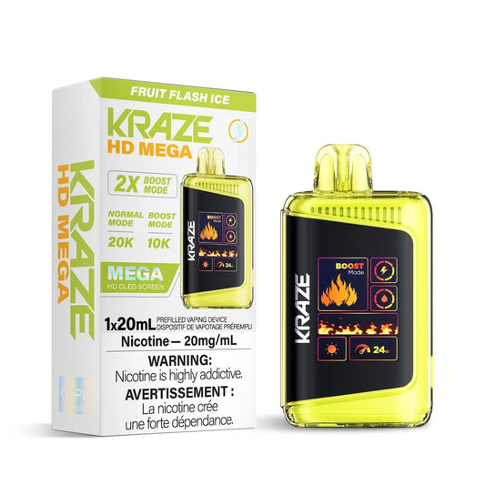 Kraze HD Mega 20k Fruit Flash Ice disposable vape featuring a yellow translucent body with a digital OLED screen displaying boost mode alongside its white and lime green retail packaging.