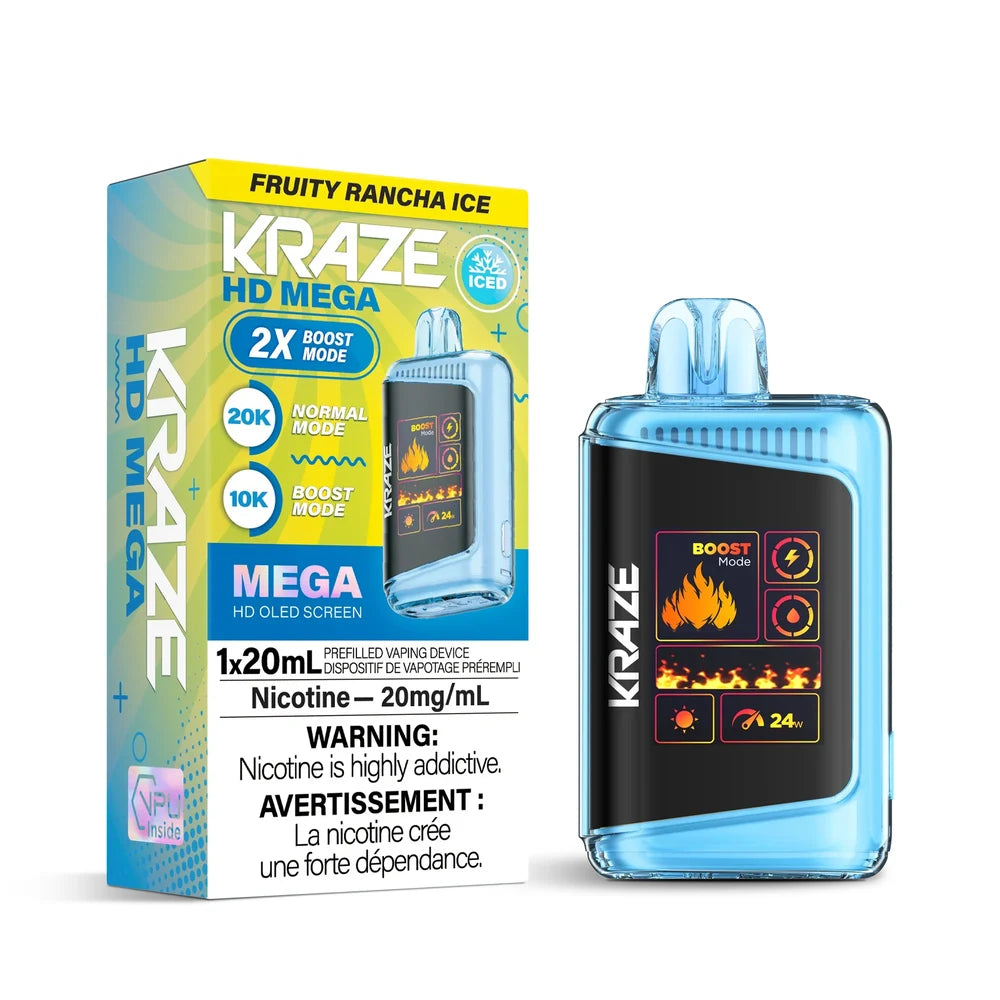 Kraze HD Mega 20k Fruity Rancha Ice disposable vape device and its yellow and blue packaging featuring a large OLED screen with fire graphics and 20mg/mL nicotine warning labels.