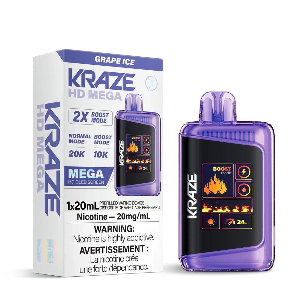 Kraze HD Mega 20k Grape Ice disposable vape featuring a purple translucent shell and a large OLED screen next to its white and purple retail packaging.