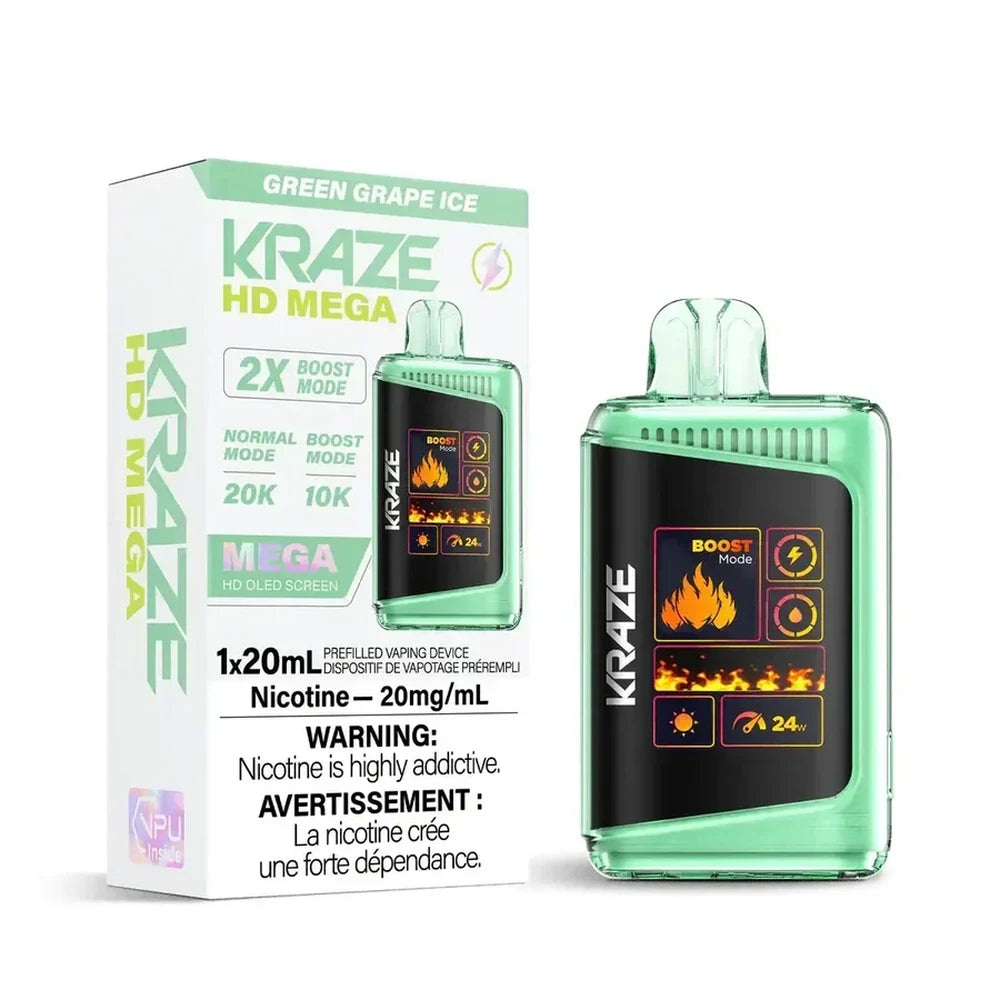 Kraze HD Mega 20k Green Grape Ice disposable vape device in light green with a digital screen