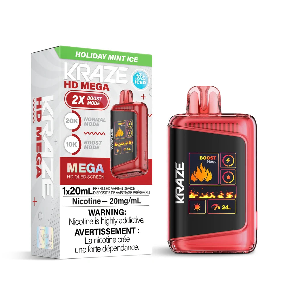 Kraze HD Mega 20k Holiday Mint Ice disposable vape featuring a red translucent shell and a large digital screen displaying boost mode and fire graphics, shown next to its white and green retail packaging.