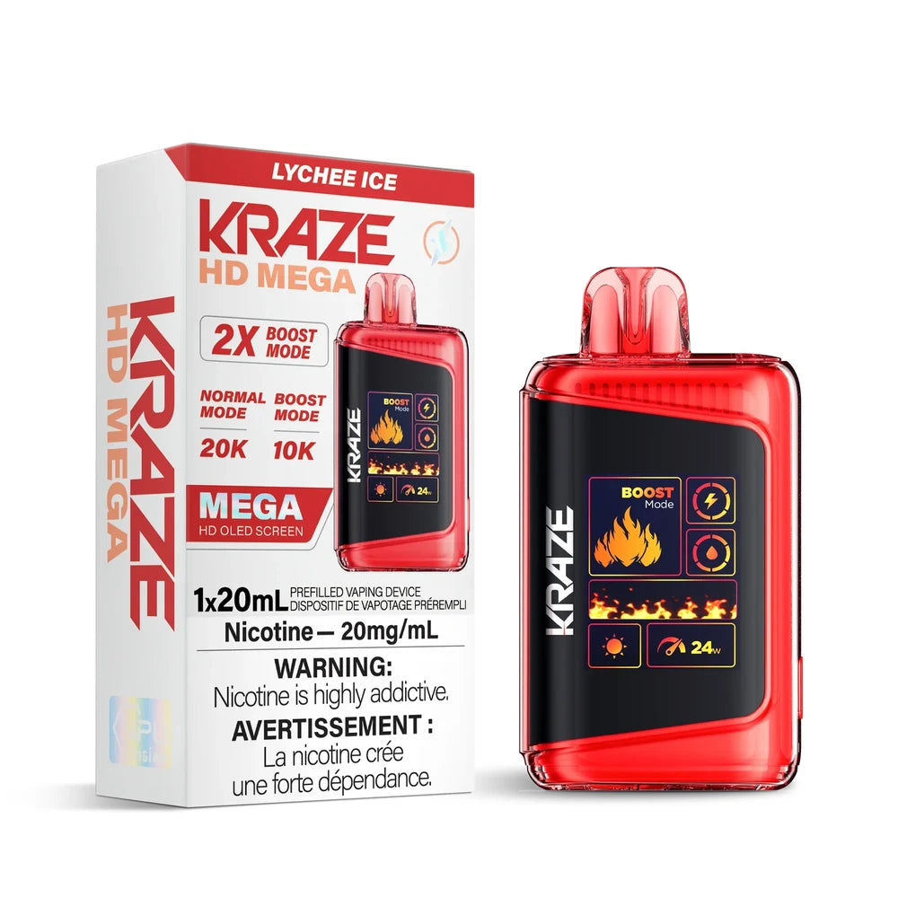 Kraze HD Mega 20k Lychee Ice disposable vape featuring a red translucent body with a large OLED screen next to its white and red retail packaging.
