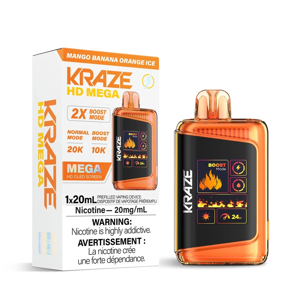 Kraze HD Mega 20k Mango Banana Orange Ice disposable vape device and its white packaging box featuring an orange translucent shell, a digital OLED screen with fire graphics, and 20mg/mL nicotine warning labels.
