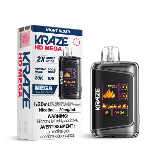 Kraze HD Mega 20k Night Rider disposable vape device and its white packaging featuring a large OLED screen with fire graphics and 20mg/mL nicotine warning labels.