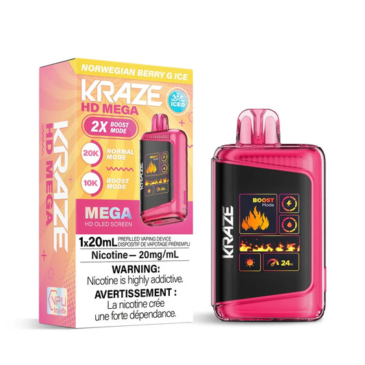 Kraze HD Mega 20k Norwegian Berry G Ice disposable vape in pink and black with its matching packaging featuring an OLED screen displaying boost mode and flame graphics.