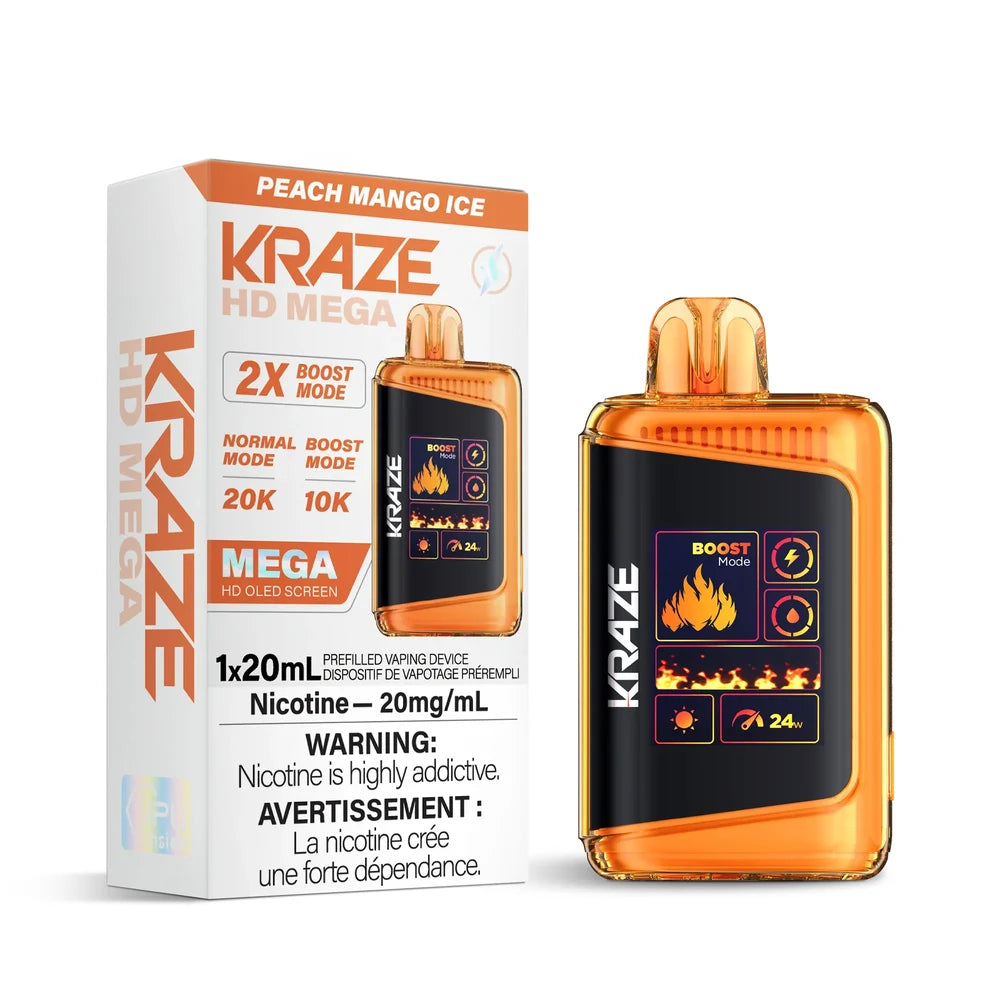Kraze HD Mega 20k Peach Mango Ice disposable vape featuring an orange translucent body with a large OLED screen next to its white and orange retail packaging.