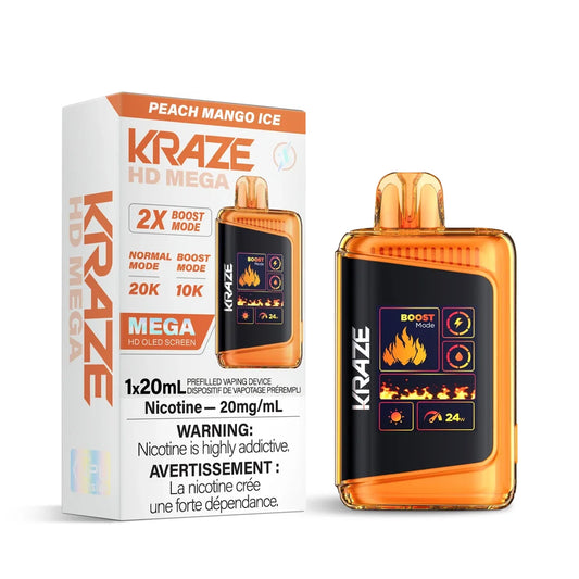 Kraze HD Mega 20k Peach Mango Ice disposable vape featuring an orange translucent body with a large OLED screen next to its white and orange retail packaging.