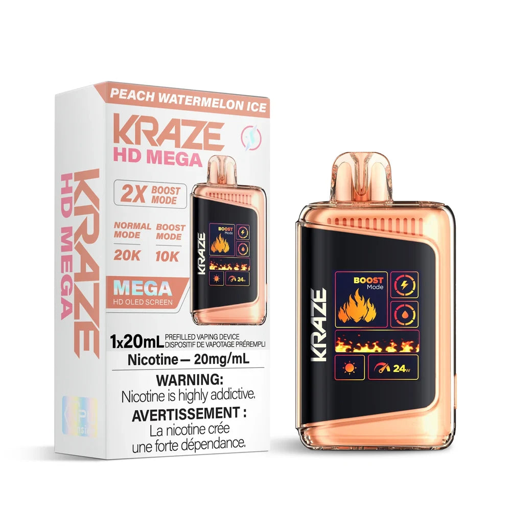 Kraze HD Mega 20k Peach Watermelon Ice disposable vape device and its white packaging box featuring rose gold accents and a large OLED screen displaying boost mode and battery levels.