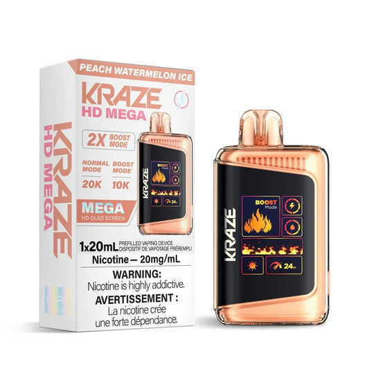 Kraze HD Mega 20k Peach Watermelon Ice disposable vape device and its white packaging box featuring rose gold accents and a large OLED screen displaying boost mode and battery levels.