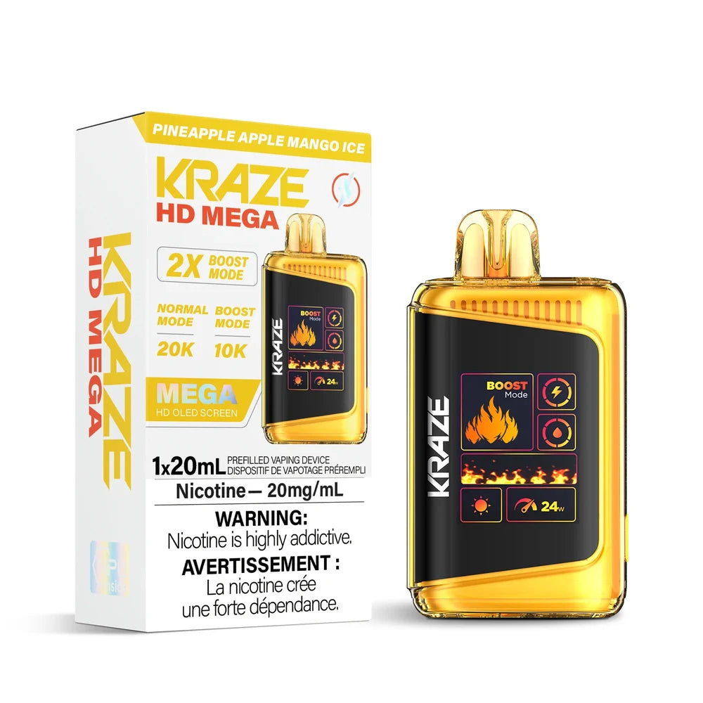Kraze HD Mega 20k Pineapple Apple Mango Ice disposable vape featuring a gold translucent shell and a large digital screen displaying Boost Mode and flame graphics next to its white and yellow retail packaging.