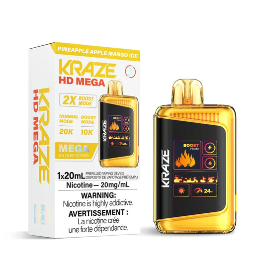 Kraze HD Mega 20k Pineapple Apple Mango Ice disposable vape featuring a gold translucent shell and a large digital screen displaying Boost Mode and flame graphics next to its white and yellow retail packaging.