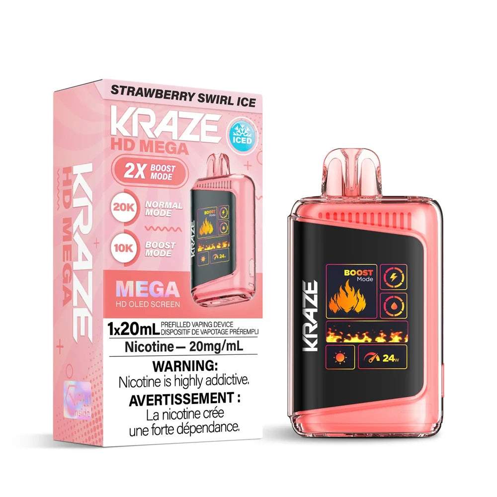 The Kraze HD Mega 20k Strawberry Swirl Ice disposable vape device in light pink