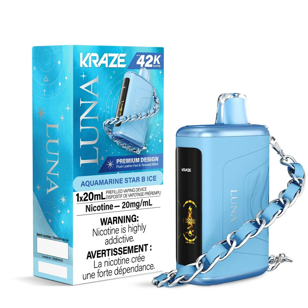Kraze Luna Aquamarine Star B Ice disposable vape featuring a light blue leather-feel body with a matching chain strap next to its blue celestial-themed packaging.