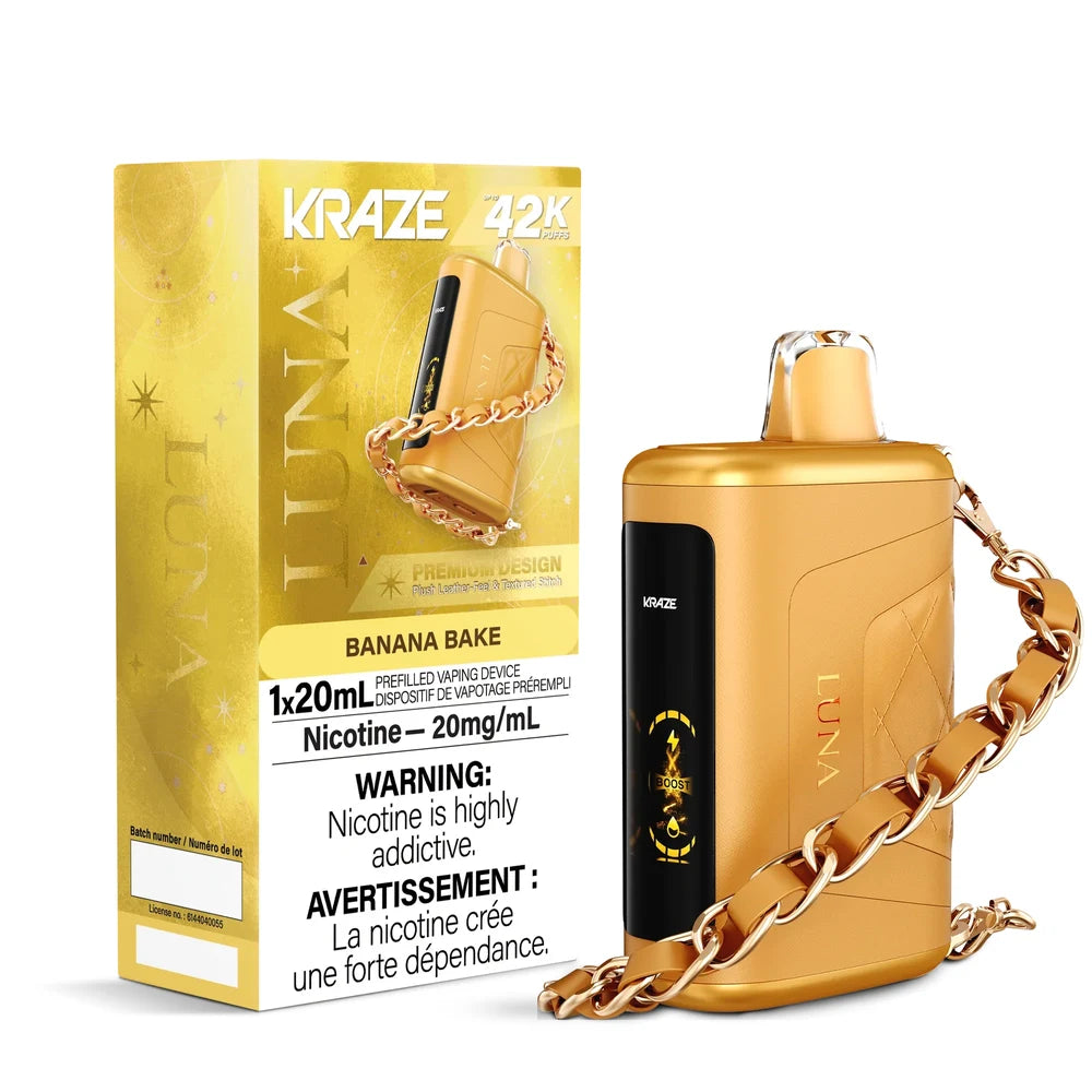 Kraze Luna Banana Bake disposable vape device featuring a gold leather-textured body with a matching chain strap next to its yellow and gold packaging.