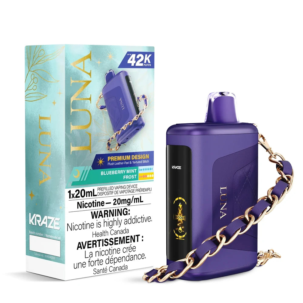 Kraze Luna Blueberry Mint Frost disposable vape featuring a purple leather-textured device with a gold chain strap next to its light blue and gold packaging.