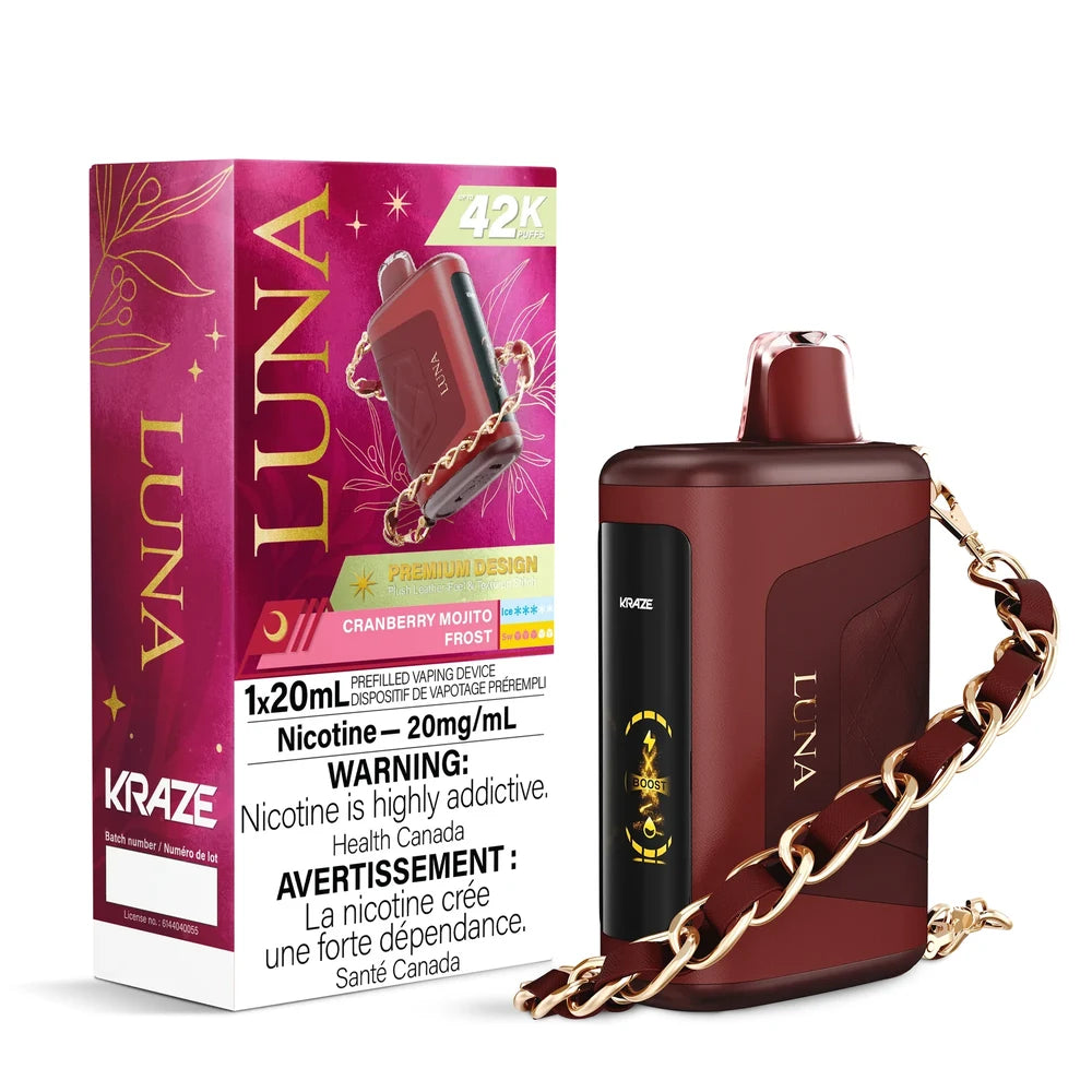 Kraze Luna Cranberry Mojito Frost disposable vape featuring a maroon leather-textured body with a gold chain strap next to its matching pink and maroon packaging.