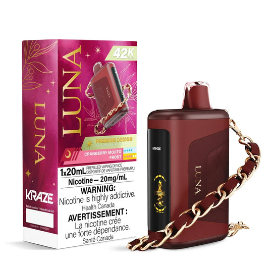 Kraze Luna Cranberry Mojito Frost disposable vape featuring a maroon leather-textured body with a gold chain strap next to its matching pink and maroon packaging.