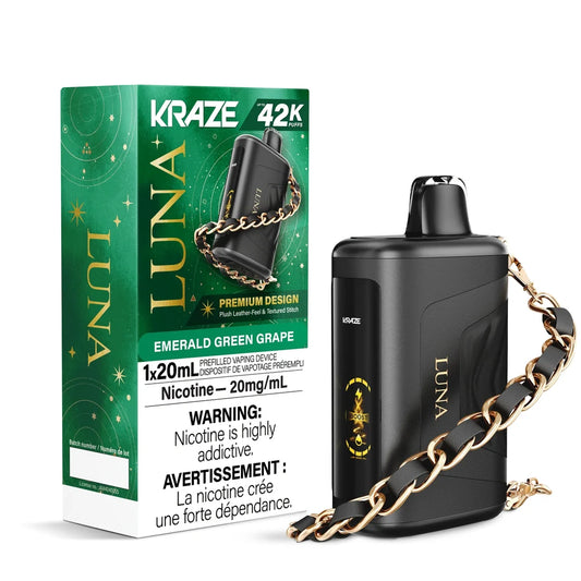 Kraze Luna Emerald Green Grape disposable vape featuring a black leather-textured device with a gold chain strap next to its green and white celestial-themed packaging.