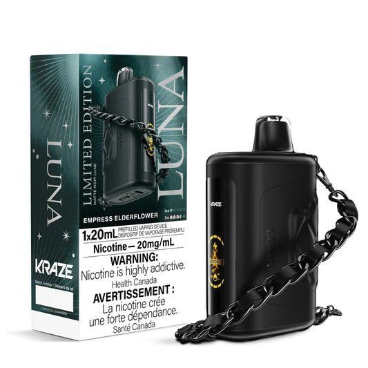 Kraze Luna Empress Elderflower disposable vape device in matte black with an attached black chain lanyard, shown next to its limited edition teal and black packaging featuring a nicotine warning label.