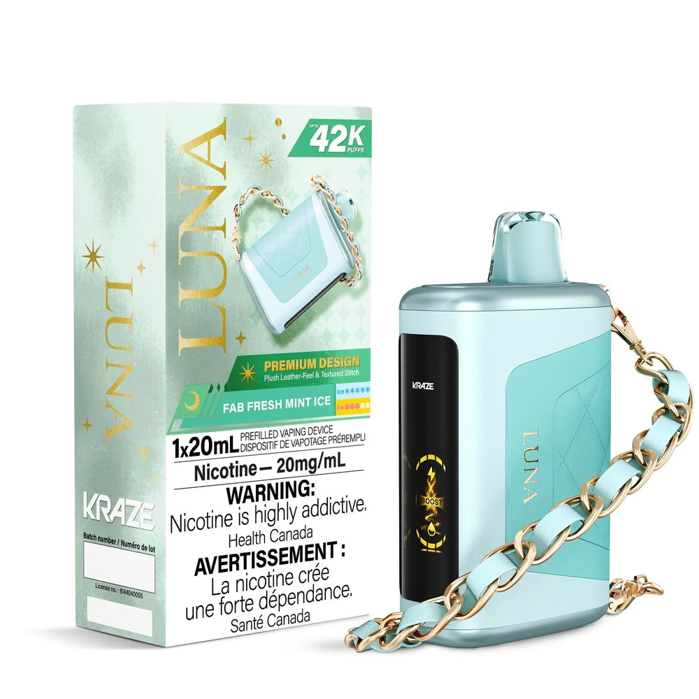 Kraze Luna Fab Fresh Mint Ice disposable vape featuring a light blue textured leather-feel body with a gold chain strap next to its matching retail packaging.