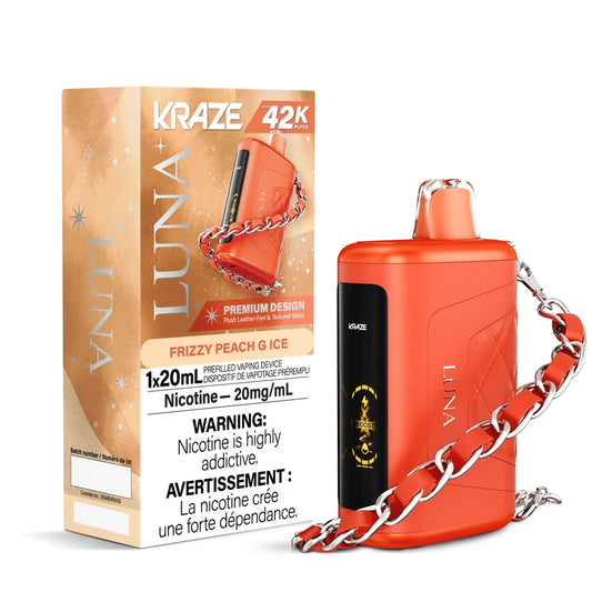 Kraze Luna Frizzy Peach G Ice disposable vape featuring an orange leather-textured device with a silver chain lanyard next to its matching gold and orange packaging.