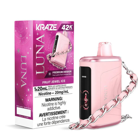Kraze Luna Fruit Jewel Ice disposable vape featuring a pink leather-textured device with a silver chain lanyard next to its matching pink and white packaging.
