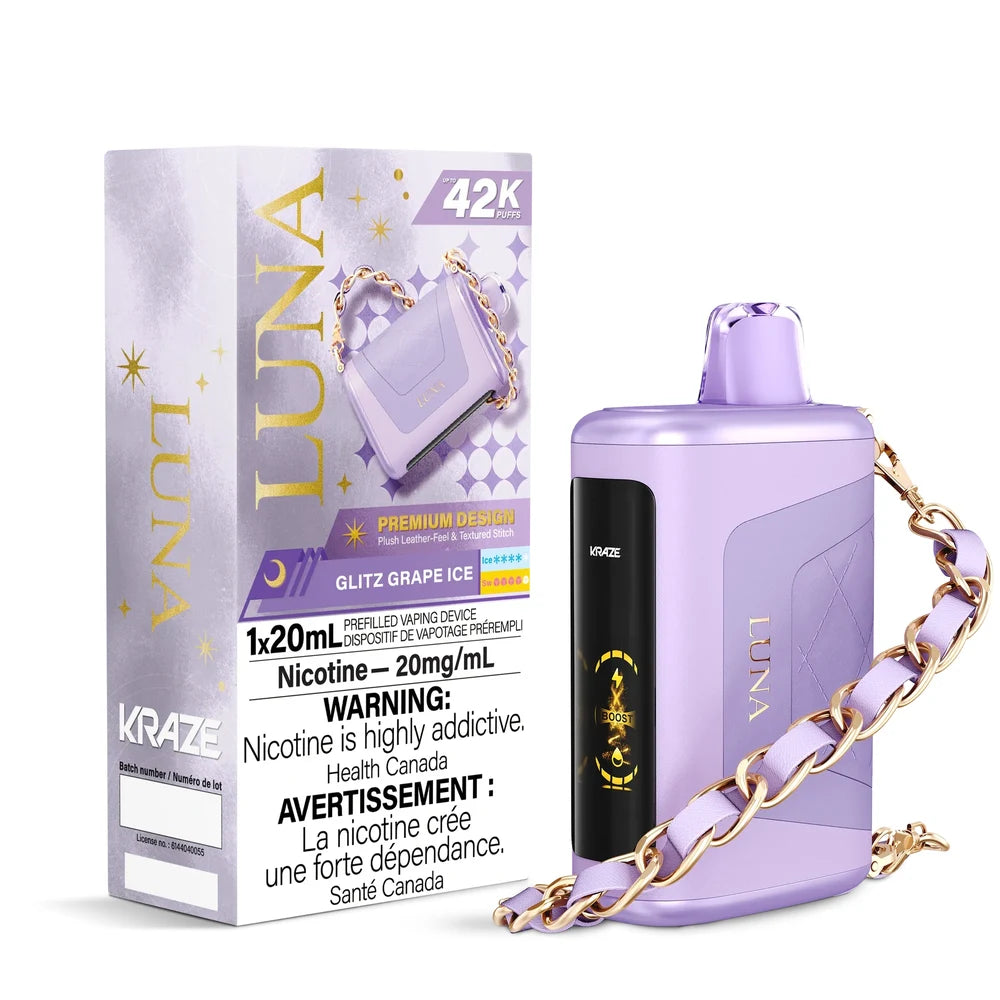 Kraze Luna Glitz Grape Ice disposable vape featuring a lavender leather-textured device with a gold chain strap next to its matching purple and white packaging.
