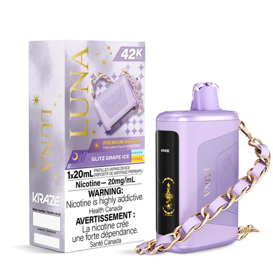 Kraze Luna Glitz Grape Ice disposable vape featuring a lavender leather-textured device with a gold chain strap next to its matching purple and white packaging.