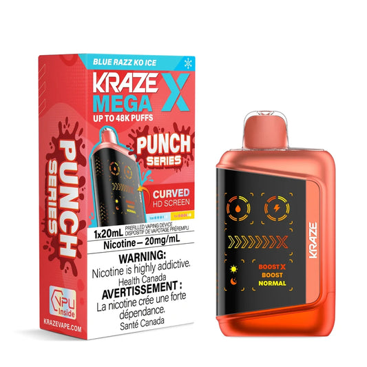 Kraze Mega X Banana Blast Ice disposable vape with a metallic coral body and a curved HD screen displaying Boost X mode, shown next to its red and blue Punch Series packaging.