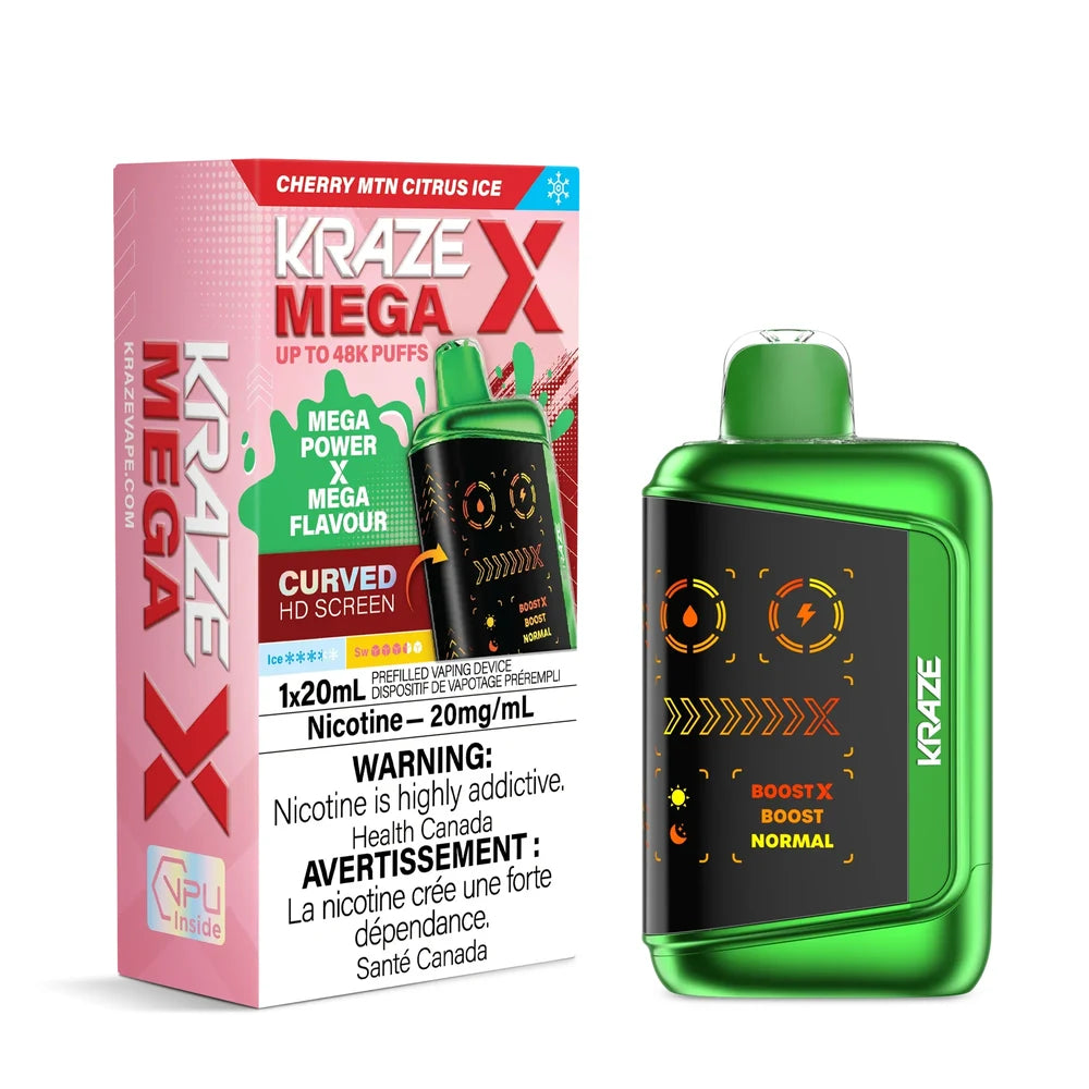 Kraze Mega X Banana Blast Ice disposable vape featuring a metallic green device with a curved HD screen next to its pink and red packaging.
