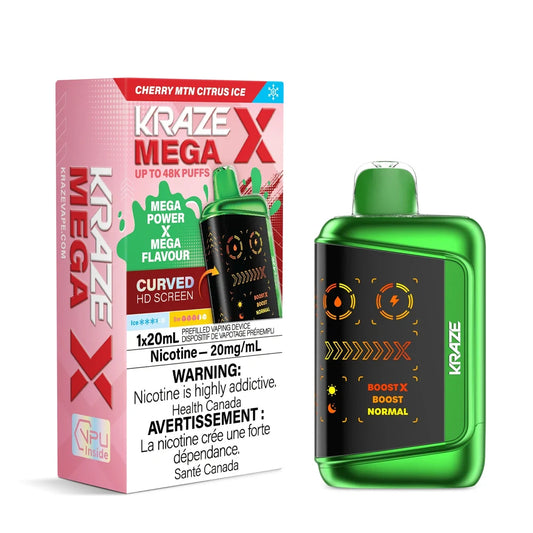 Kraze Mega X Banana Blast Ice disposable vape featuring a metallic green device with a curved HD screen next to its pink and red packaging.
