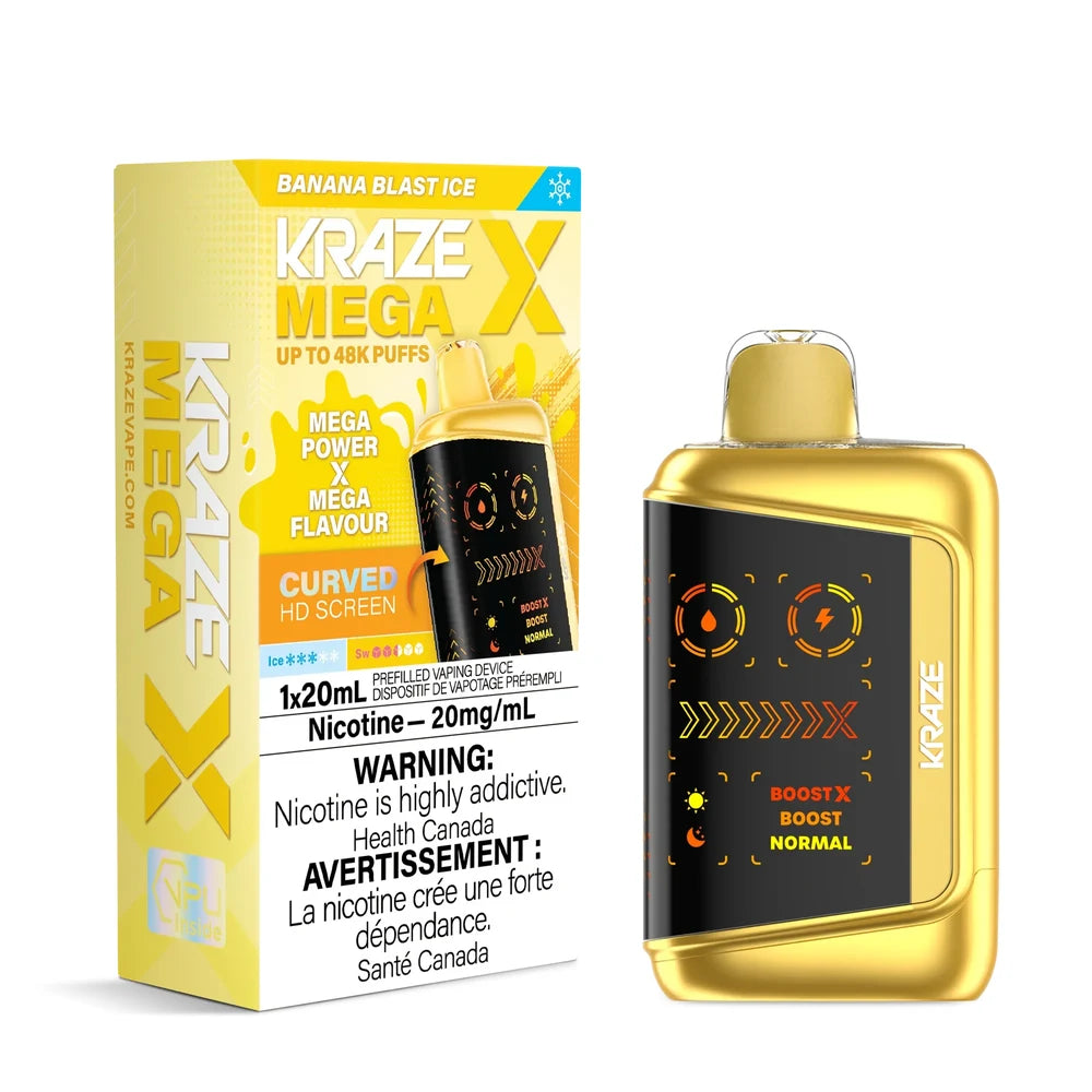 Kraze Mega X Banana Blast Ice disposable vape with a gold metallic finish and its yellow packaging featuring a curved HD screen displaying battery and e-liquid levels.