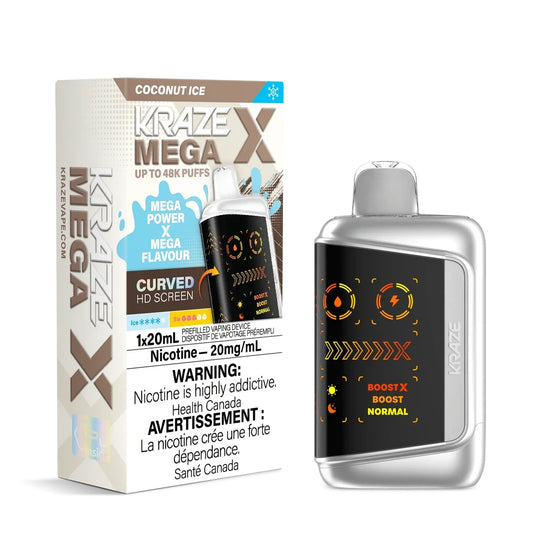Kraze Mega X Coconut Ice disposable vape with its silver metallic device and retail packaging featuring a curved HD screen displaying boost mode settings and nicotine warnings.