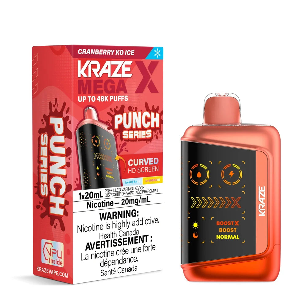Kraze Mega X Cranberry KO Ice disposable vape device in metallic red with a curved HD screen next to its matching Punch Series packaging.