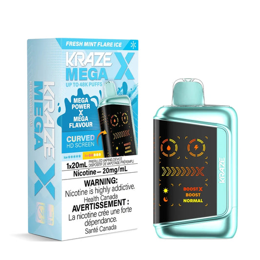 Kraze Mega X Fresh Mint Flare Ice disposable vape featuring a metallic light blue body with a curved HD screen next to its matching blue and white retail box.