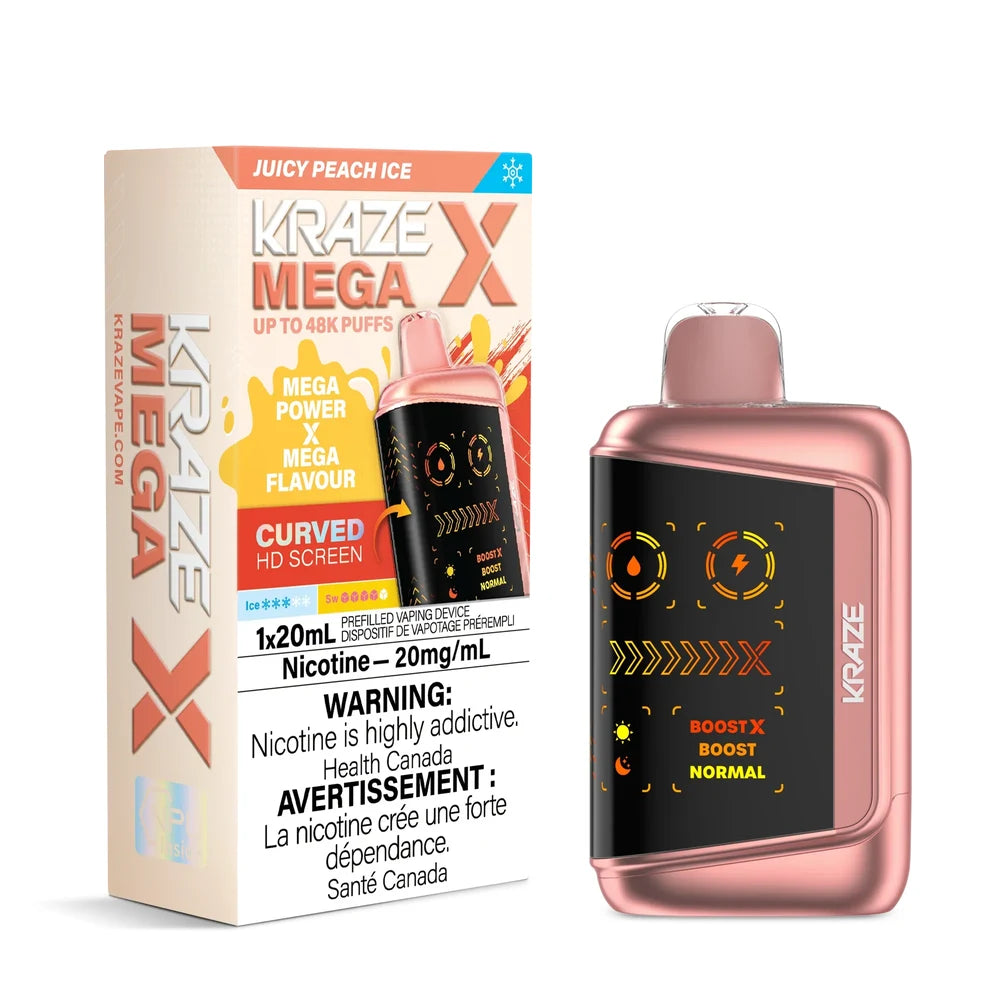 Kraze Mega X Juicy Peach Ice disposable vape device in metallic rose gold with a large curved HD screen next to its original packaging.
