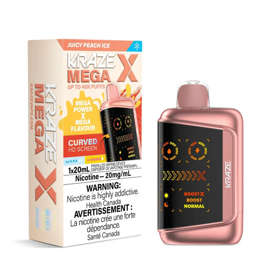 Kraze Mega X Juicy Peach Ice disposable vape device in metallic rose gold with a large curved HD screen next to its original packaging.