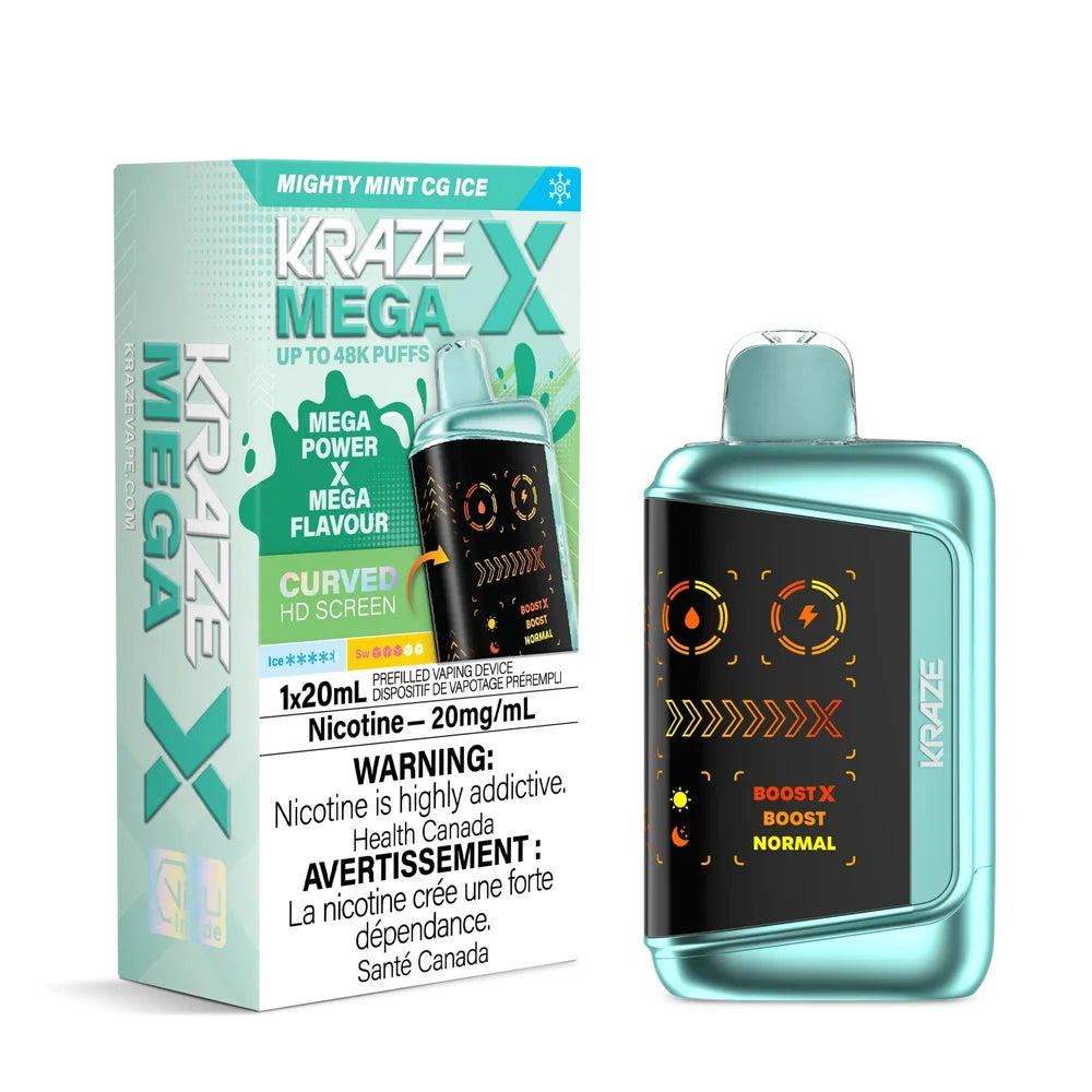 Kraze Mega X Mighty Mint CG Ice disposable vape device and its packaging, featuring a teal metallic finish and a curved HD screen displaying battery and liquid levels.