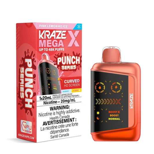 Kraze Mega X Pink Lemon KO Ice disposable vape and its pink and red Punch Series packaging featuring a curved HD screen with BoostX mode indicators.