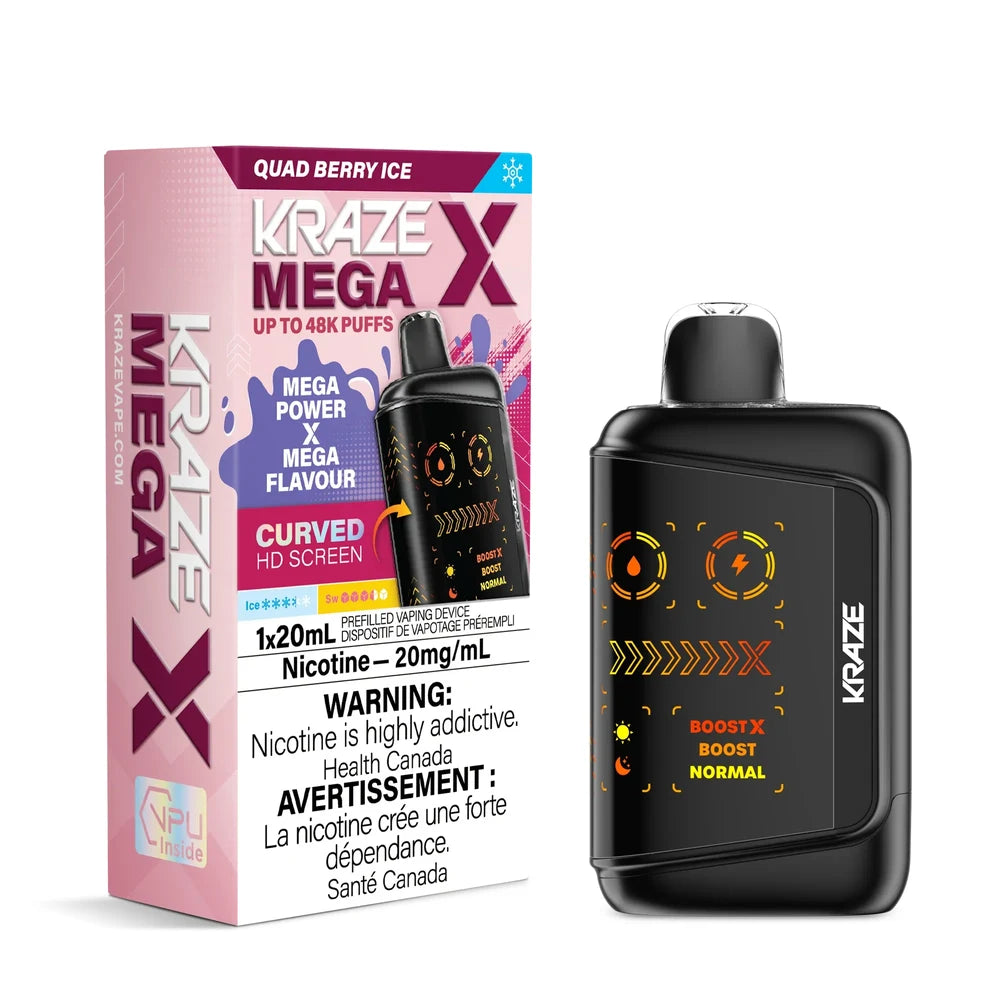 Kraze Mega X Quad Berry Ice disposable vape device in black with a curved HD screen next to its pink and purple retail packaging.