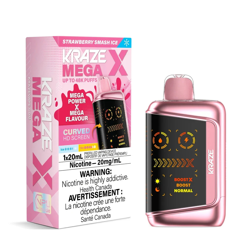 Kraze Mega X Strawberry Smash Ice disposable vape featuring a metallic pink device with a curved HD screen next to its pink and white packaging.