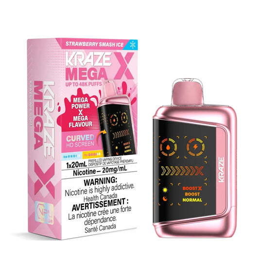 Kraze Mega X Strawberry Smash Ice disposable vape featuring a metallic pink device with a curved HD screen next to its pink and white packaging.