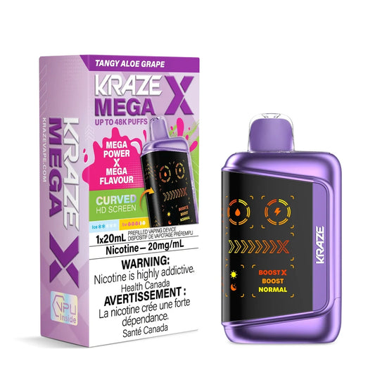 Kraze Mega X Tangy Aloe Grape disposable vape device and its purple packaging, featuring a curved HD screen with orange digital indicators for boost modes and liquid levels.