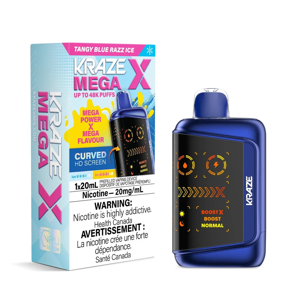 Kraze Mega X Tangy Blue Razz Ice disposable vape device and its packaging, featuring a metallic blue finish and a curved HD screen displaying orange and yellow power indicators.