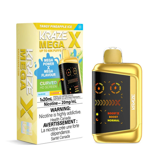 Kraze Mega X Tangy Pineapple Ice disposable vape featuring a gold metallic device with a curved HD screen next to its yellow and white packaging.